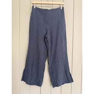 NIC + ZOE Wide Leg Crop Pants 6 Navy Blue White Stripe Linen Blend Pockets